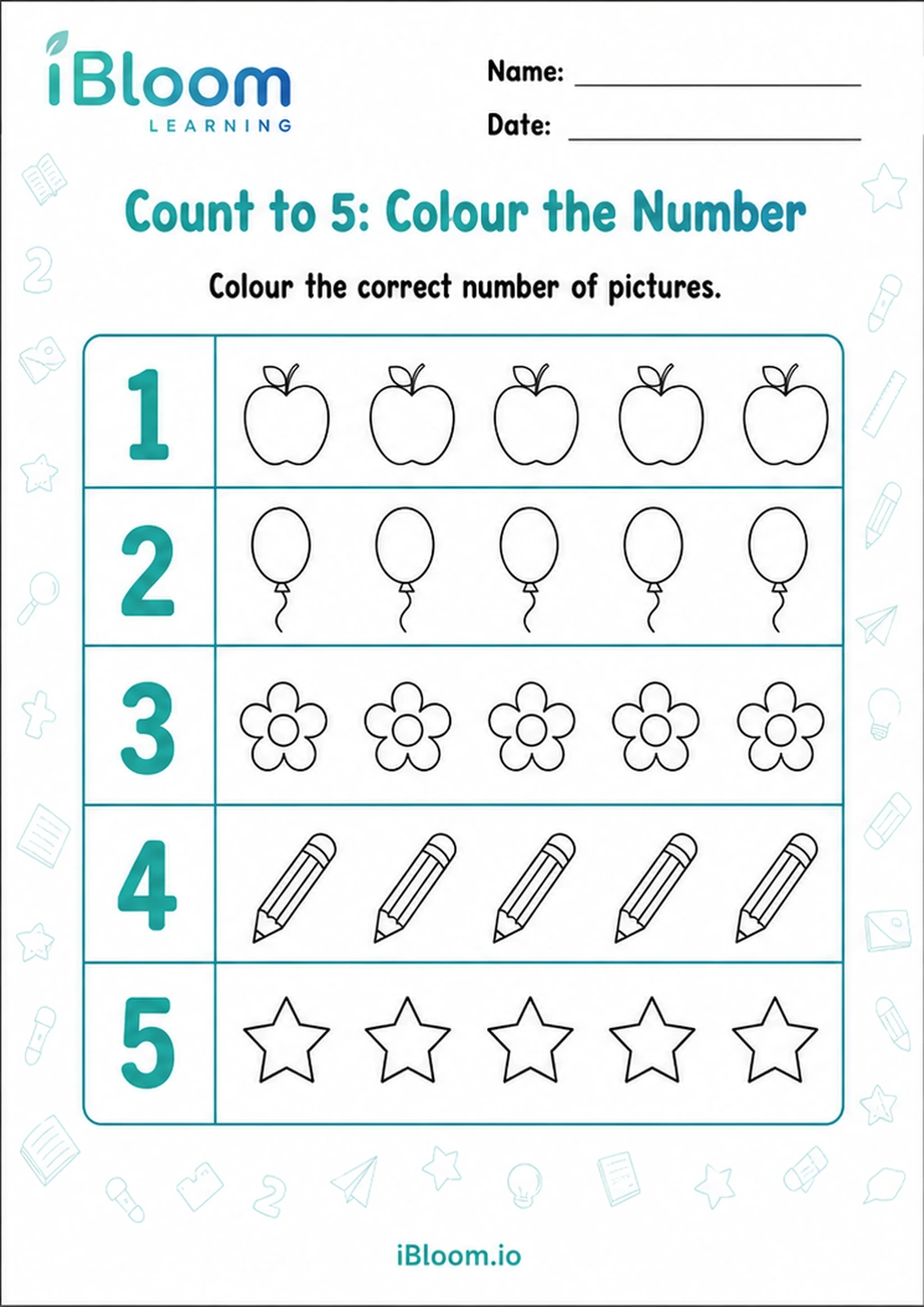 Preview of Count to 5: Colour the Number worksheet