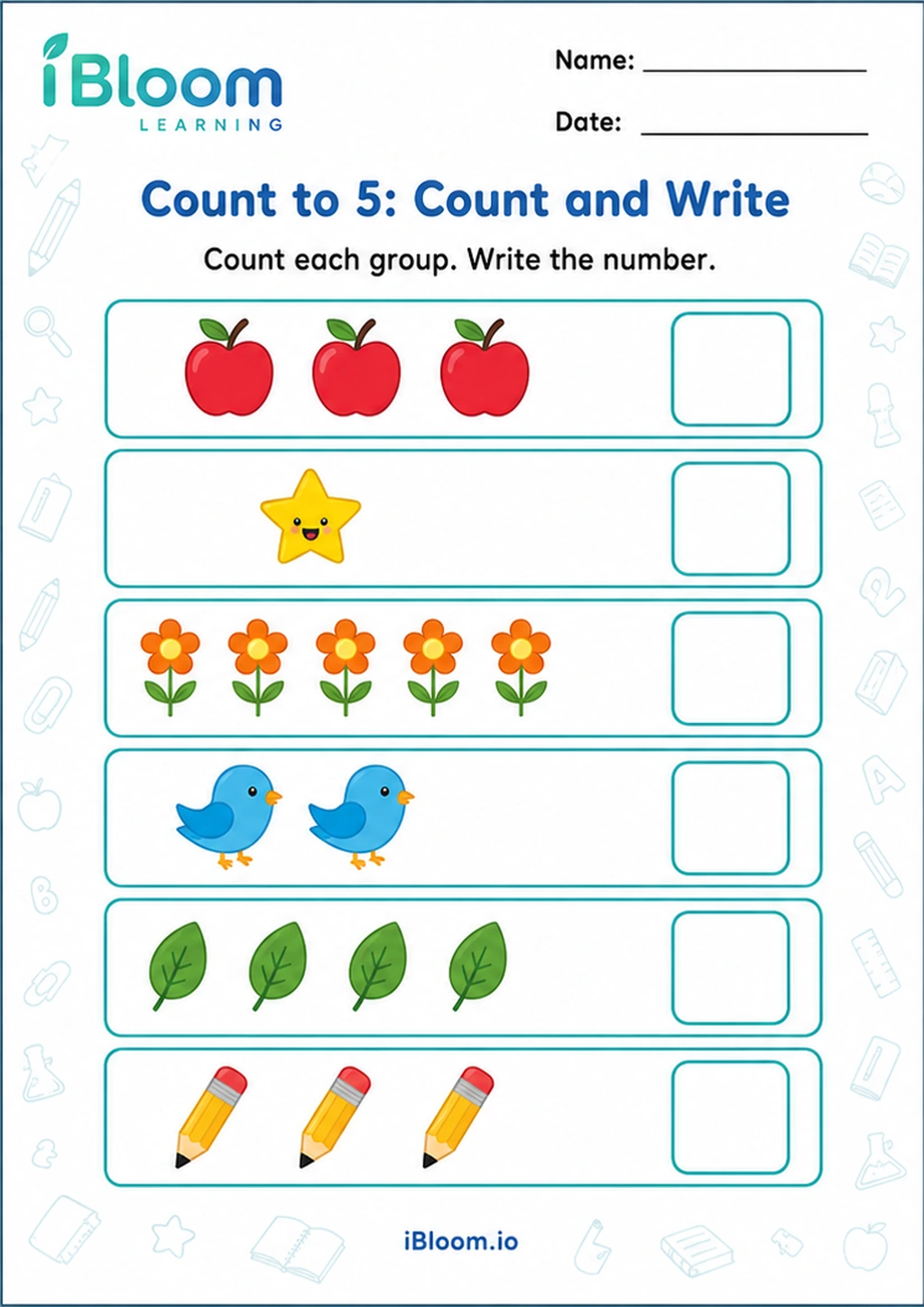 Preview of Count to 5: Count and Write worksheet