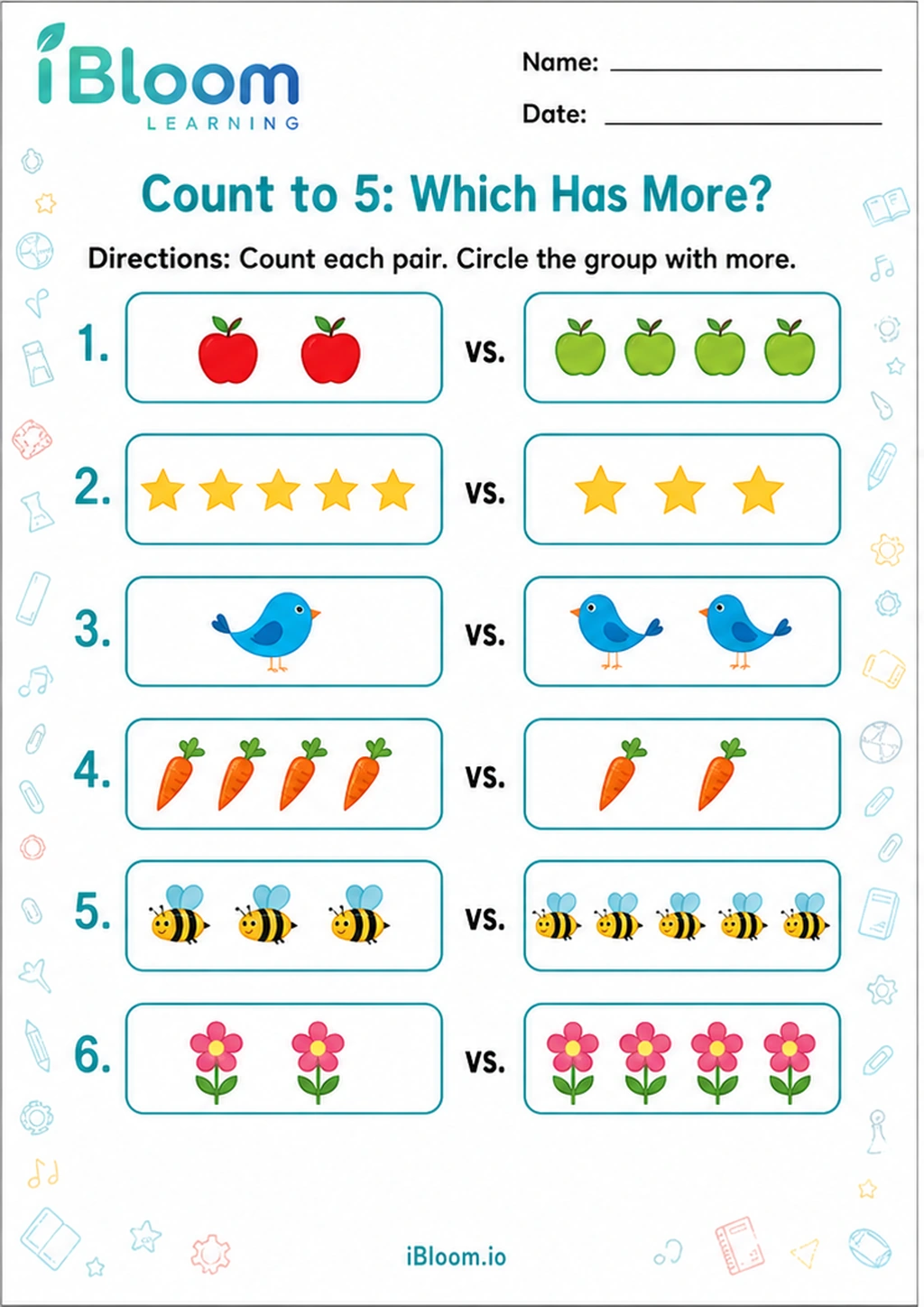 Preview page 1 of Count to 5: Which Has More?