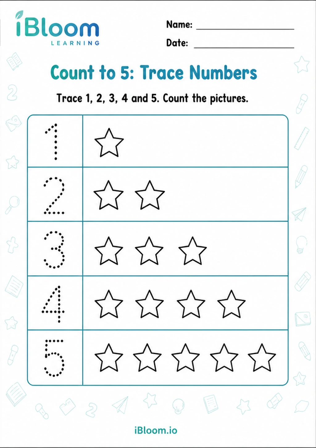 Preview of Count to 5: Trace Numbers worksheet