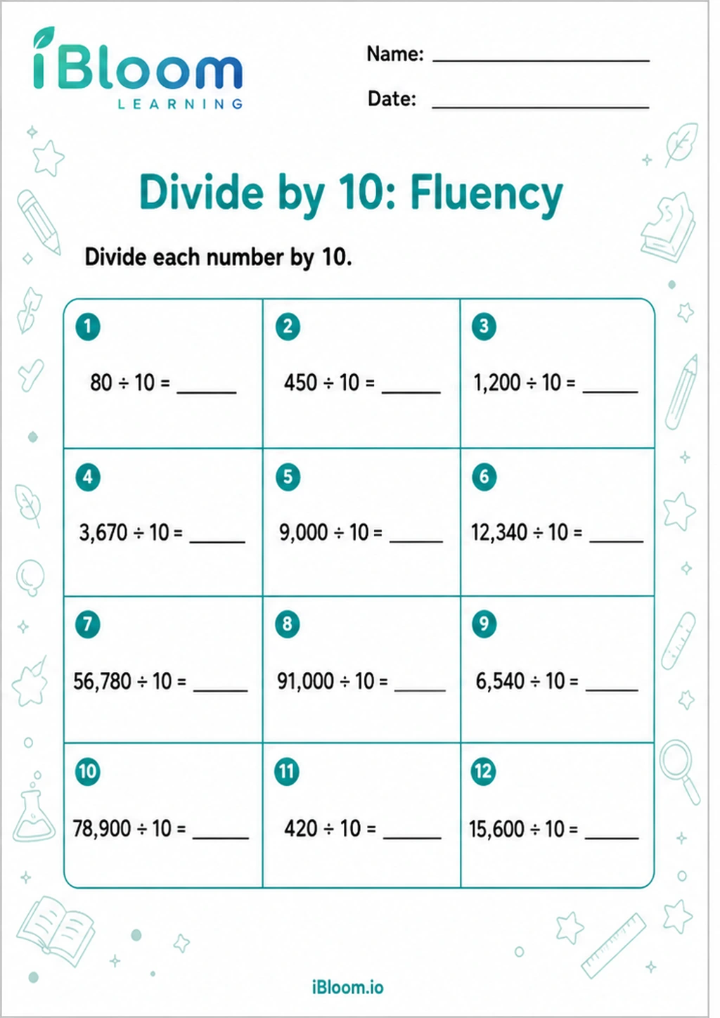 Divide by 10: Fluency printable Class 5 worksheet