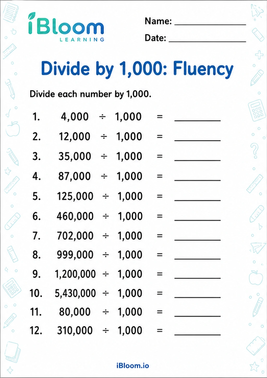 Preview page 1 of Divide by 1,000: Fluency