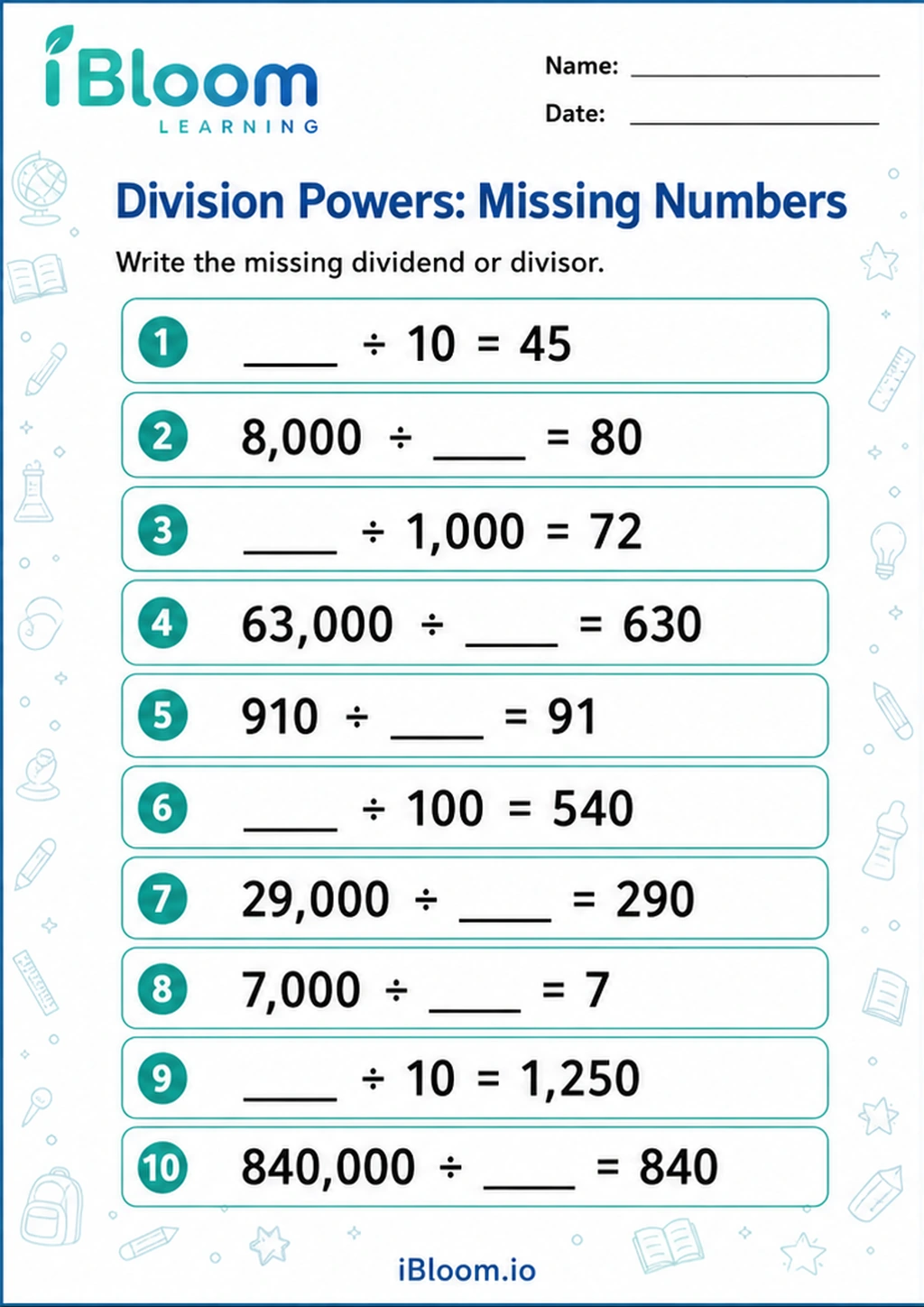 Preview of Division Powers: Missing Numbers worksheet