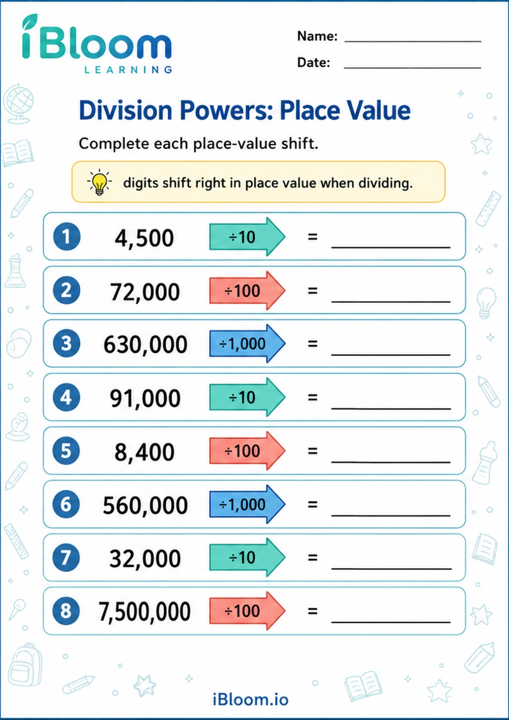 Division Powers: Place Value printable Class 5 worksheet