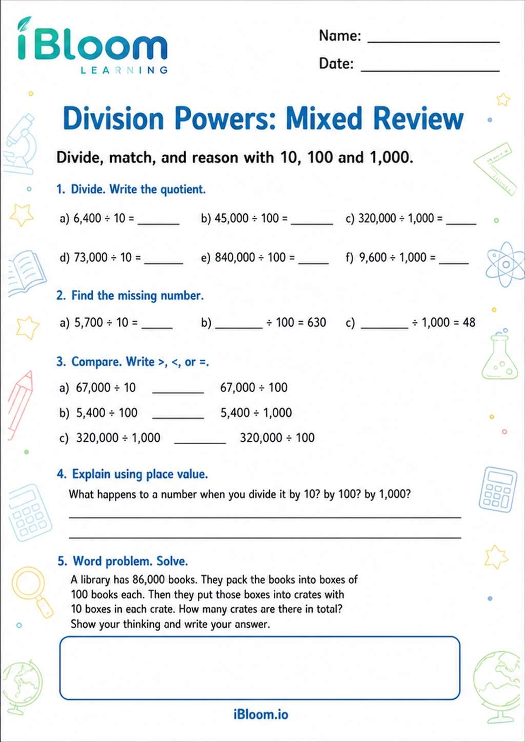 Division Powers: Mixed Review printable Class 5 worksheet
