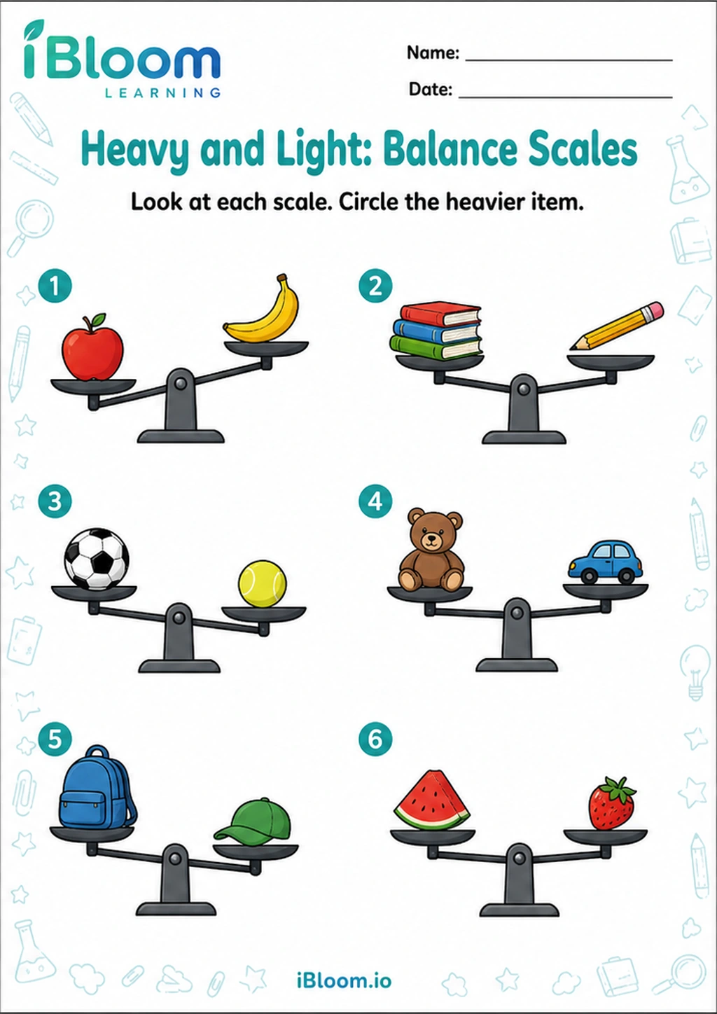 Heavy and Light: Balance Scales printable LKG worksheet
