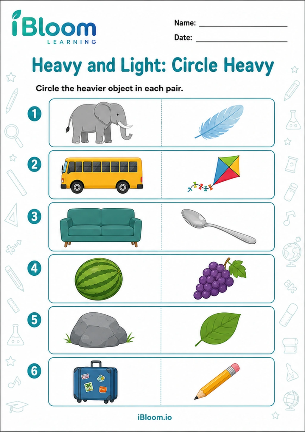 Heavy and Light: Circle Heavy printable LKG worksheet