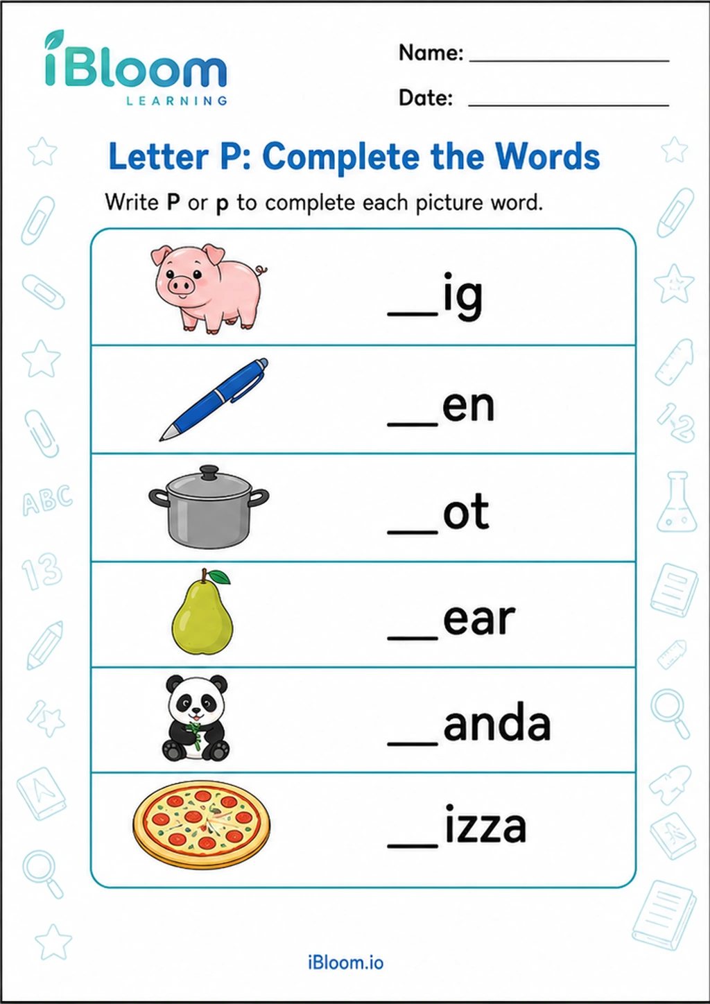 Preview page 1 of Letter P: Complete the Words
