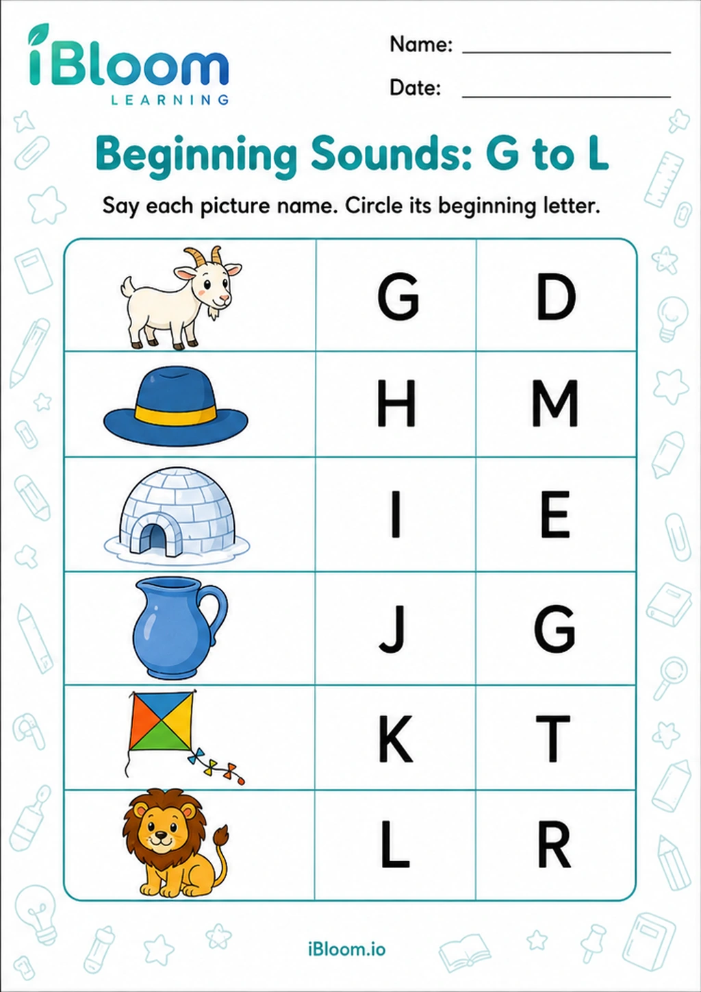 Preview of Beginning Sounds: G to L worksheet