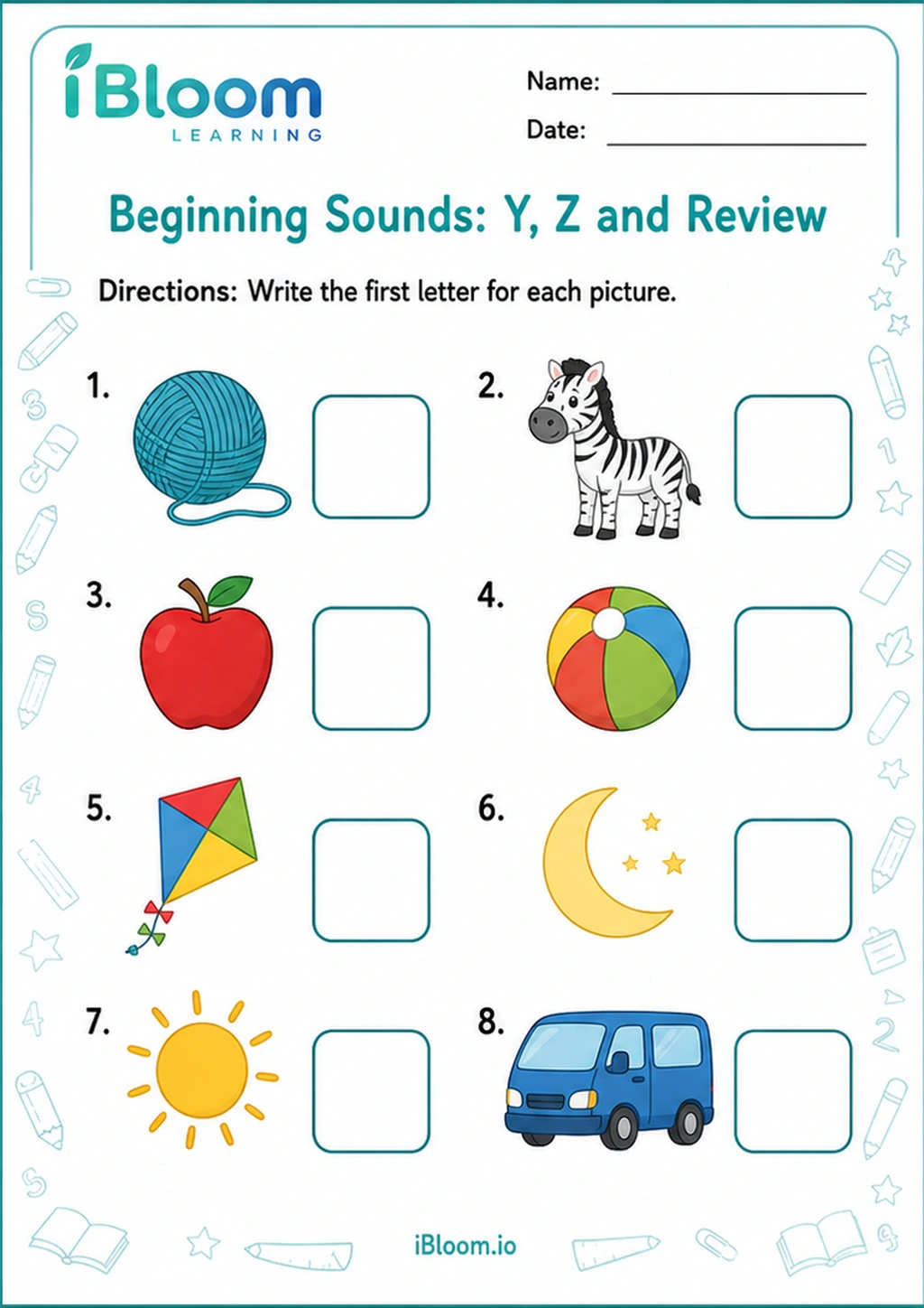 Preview page 1 of Beginning Sounds: Y, Z and Review