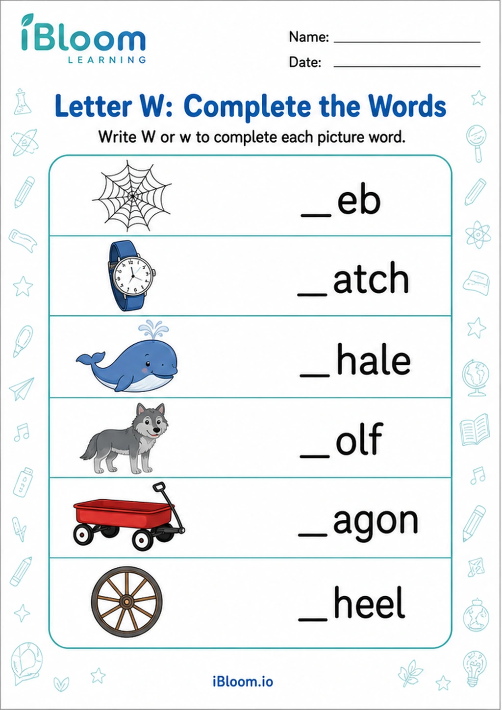 Letter W: Complete the Words printable LKG worksheet