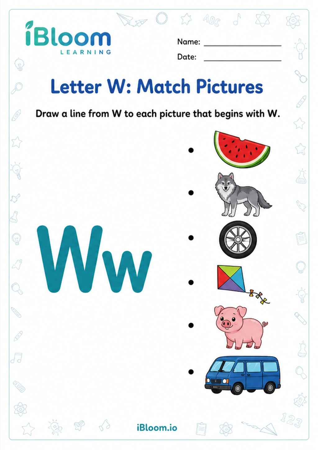 Preview page 1 of Letter W: Match Pictures