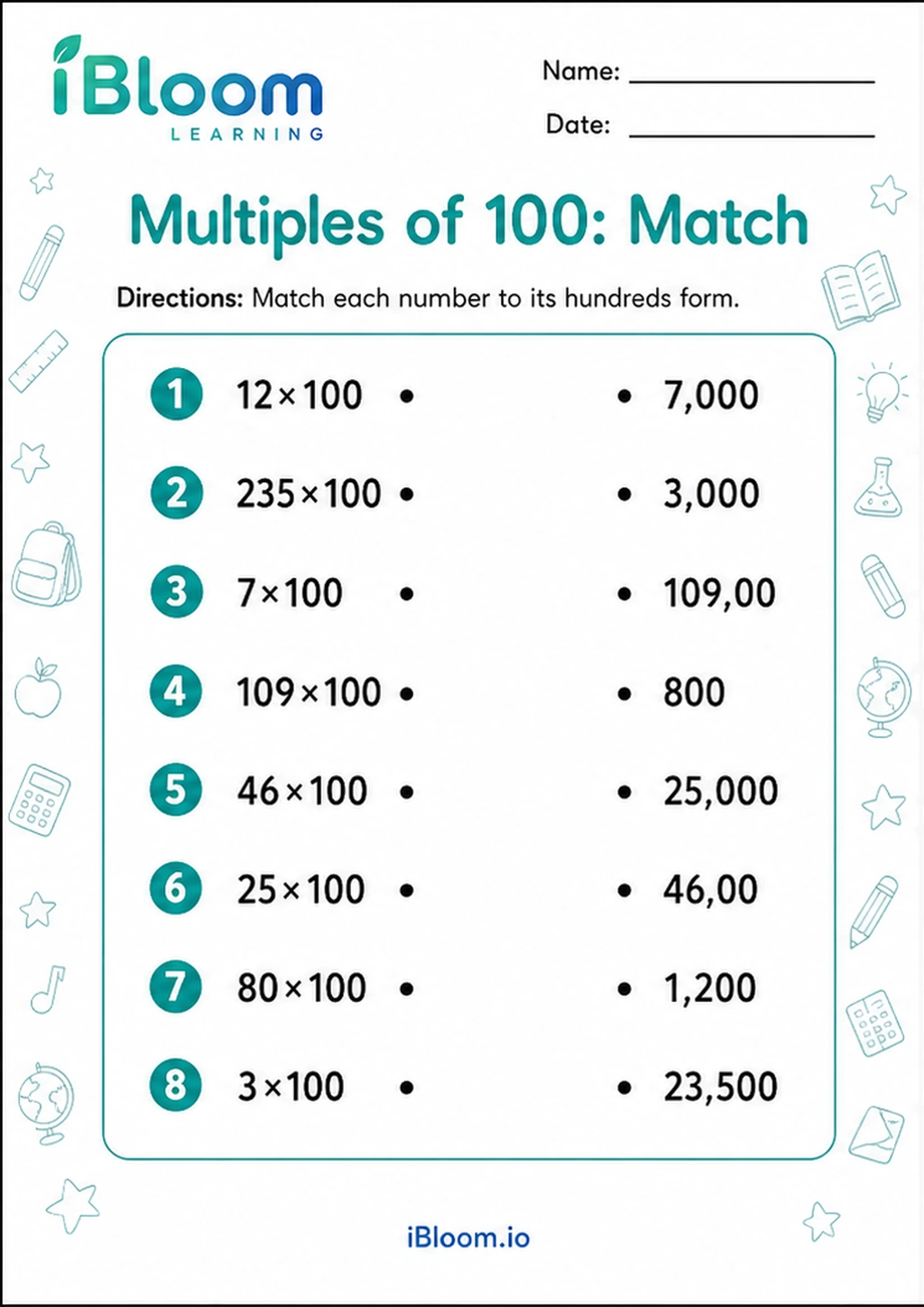 Preview of Multiples of 100: Match worksheet