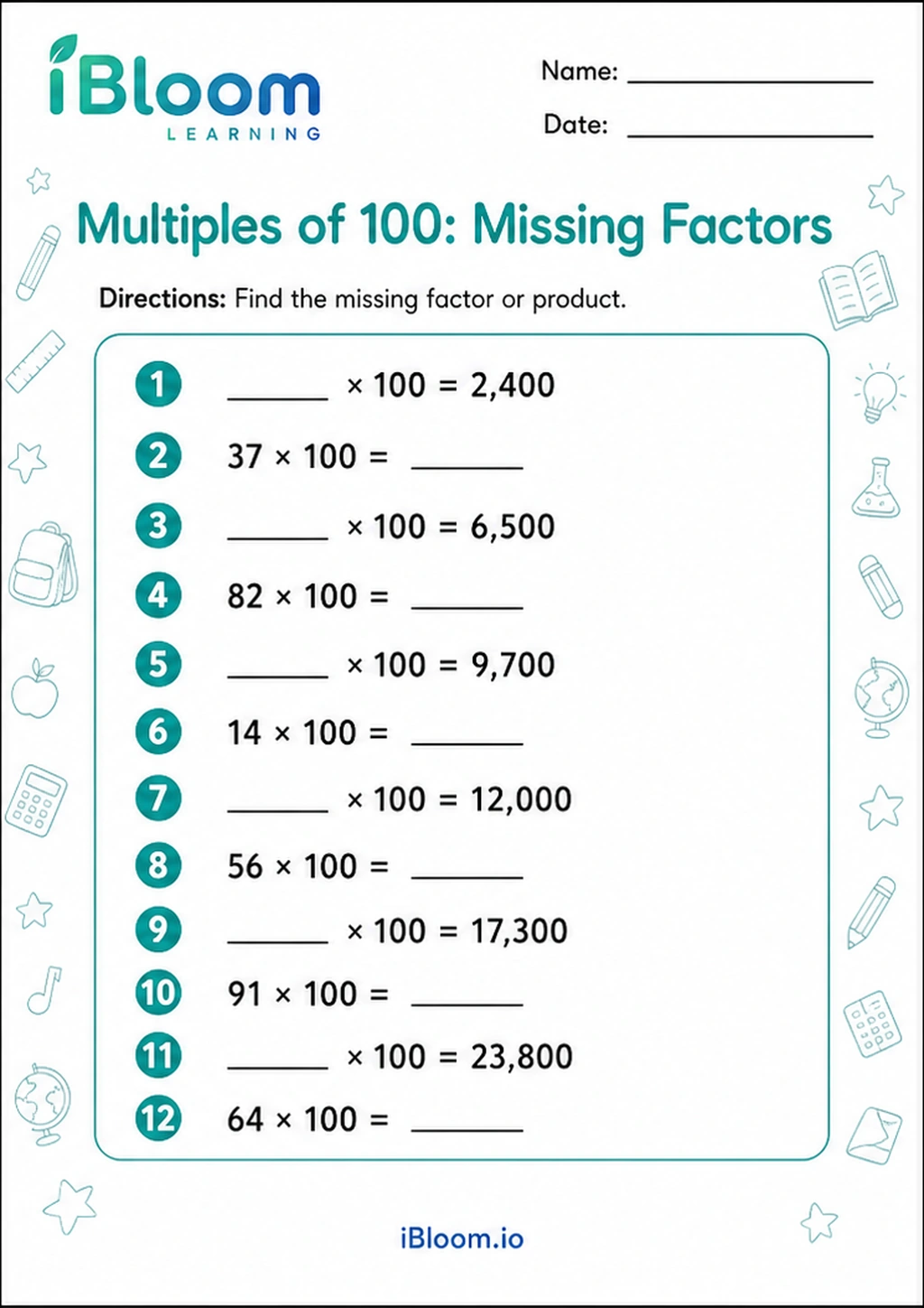 Multiples of 100: Missing Factors printable Class 4 worksheet