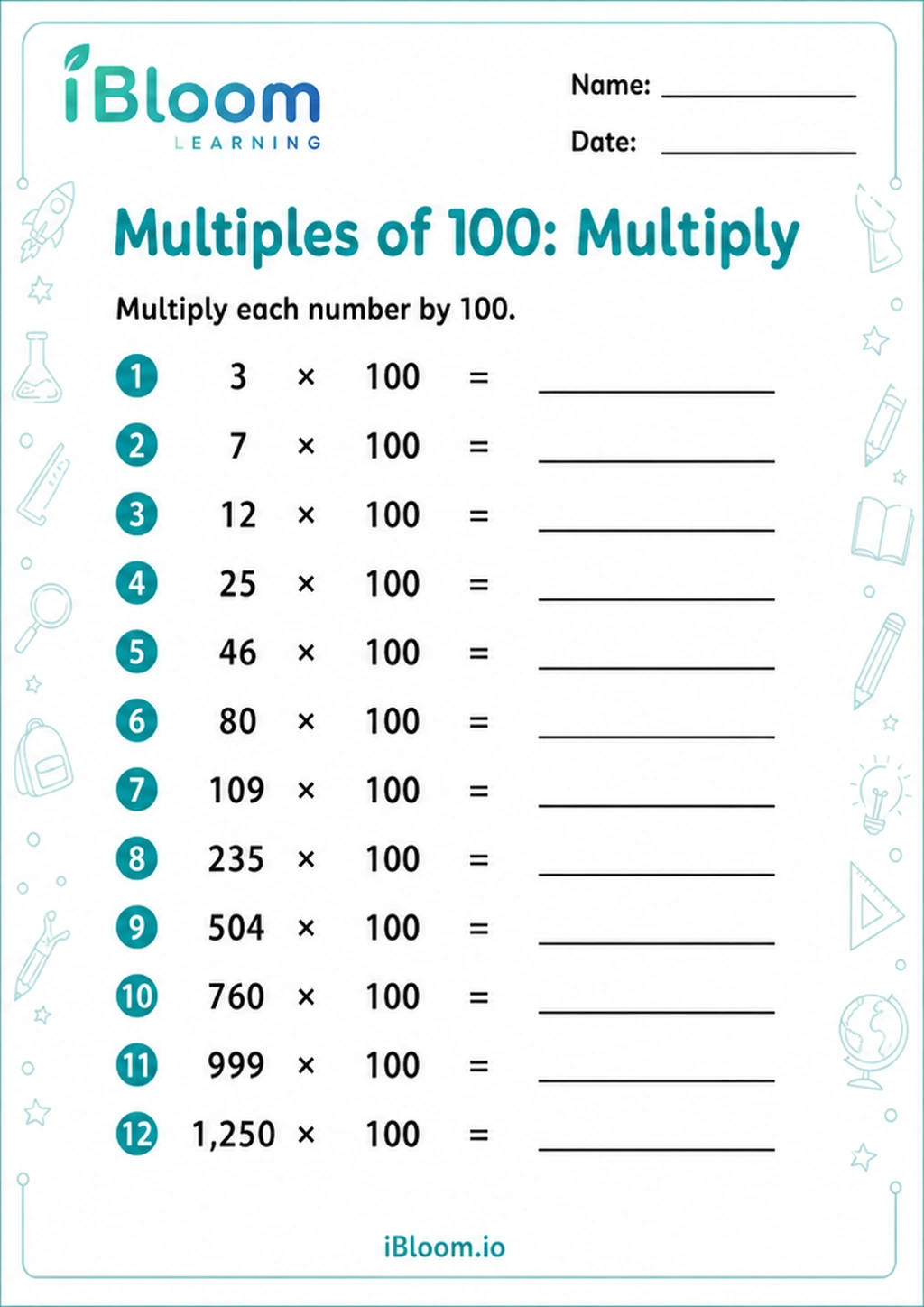 Multiples of 100: Multiply printable Class 4 worksheet