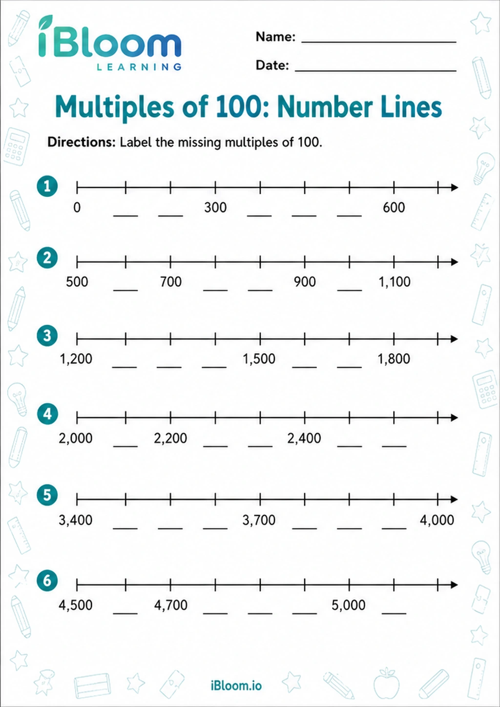 Preview of Multiples of 100: Number Lines worksheet
