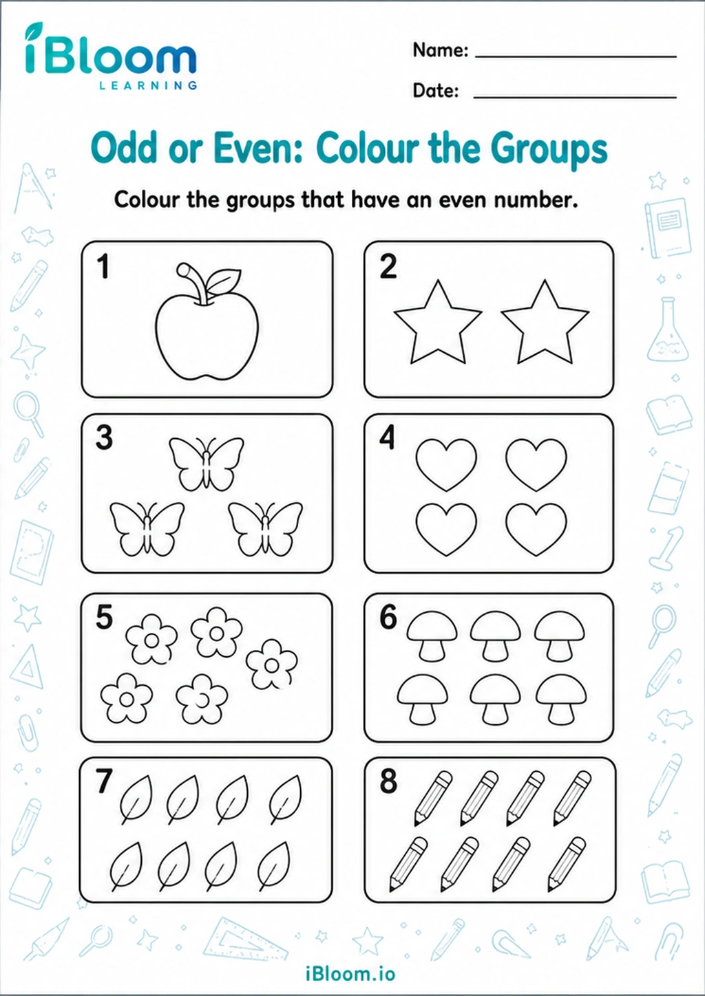 Odd or Even: Colour the Groups printable UKG worksheet