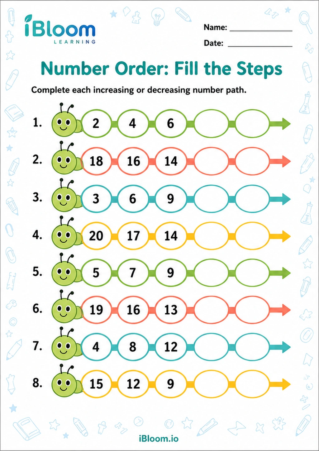Number Order: Fill the Steps printable UKG worksheet