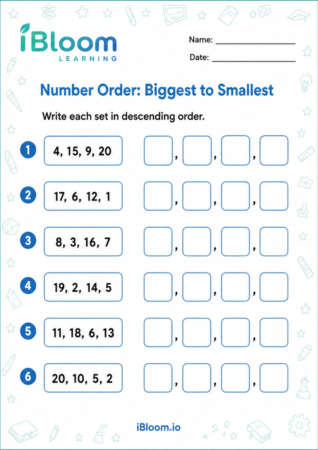 Preview of Number Order: Biggest to Smallest worksheet