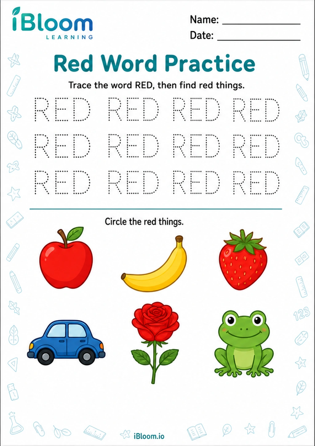 Red Word Practice printable Nursery worksheet