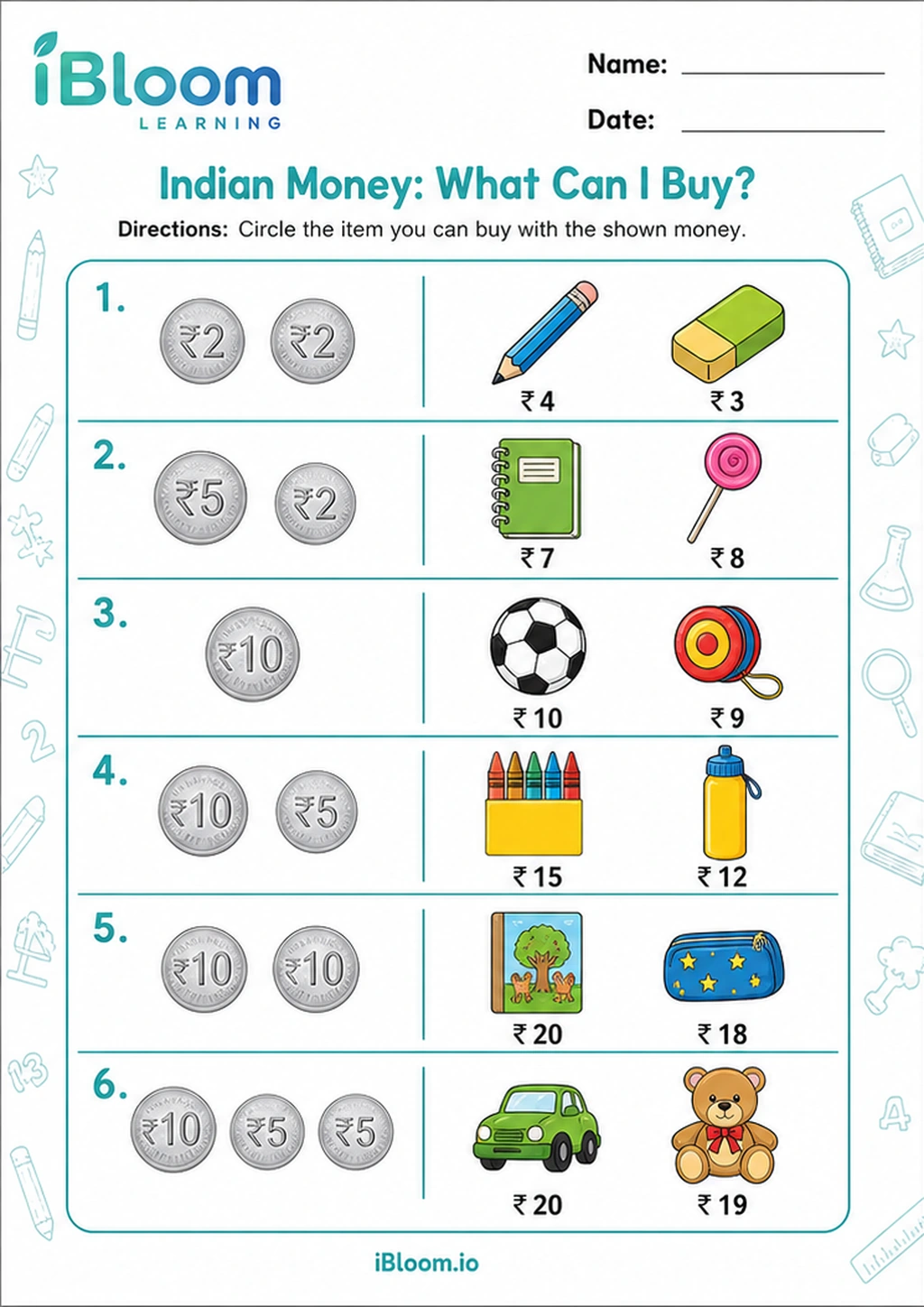 Preview of Indian Money: What Can I Buy? worksheet