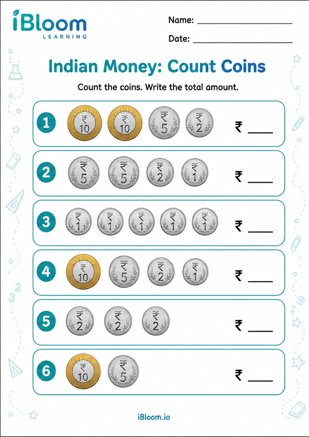 Preview of Indian Money: Count Coins worksheet