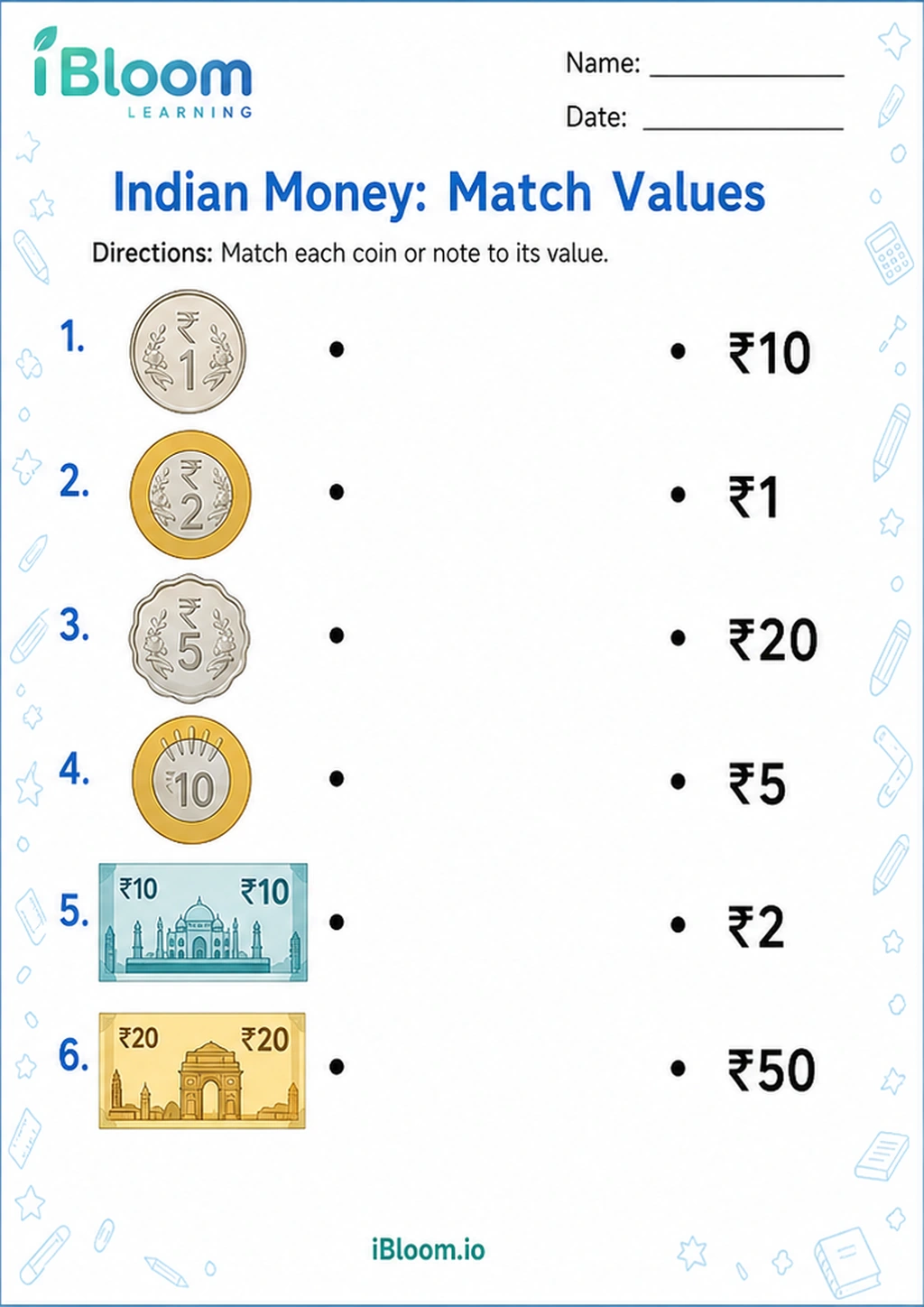 Indian Money: Match Values printable UKG worksheet