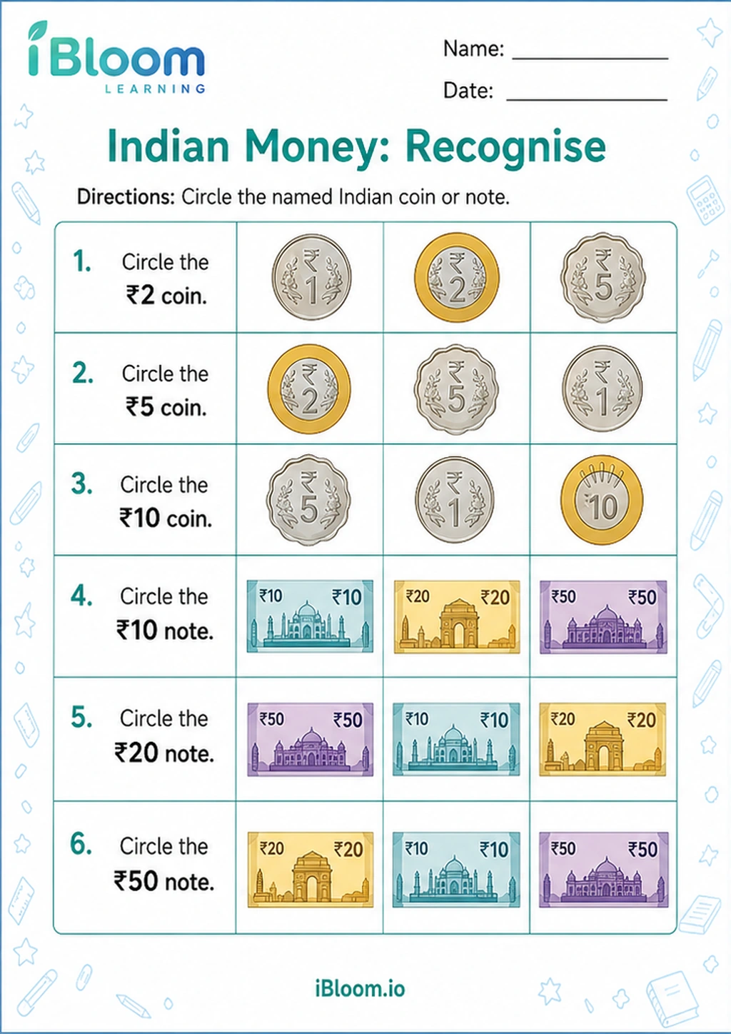 Indian Money: Recognise printable UKG worksheet