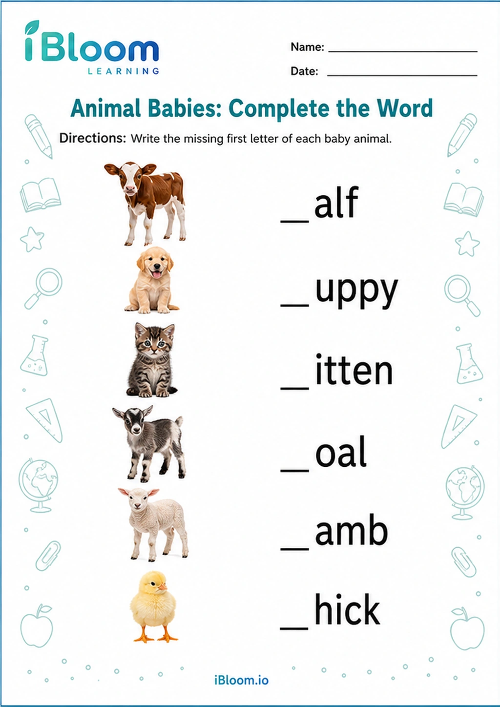 Preview page 1 of Animal Babies: Complete the Word