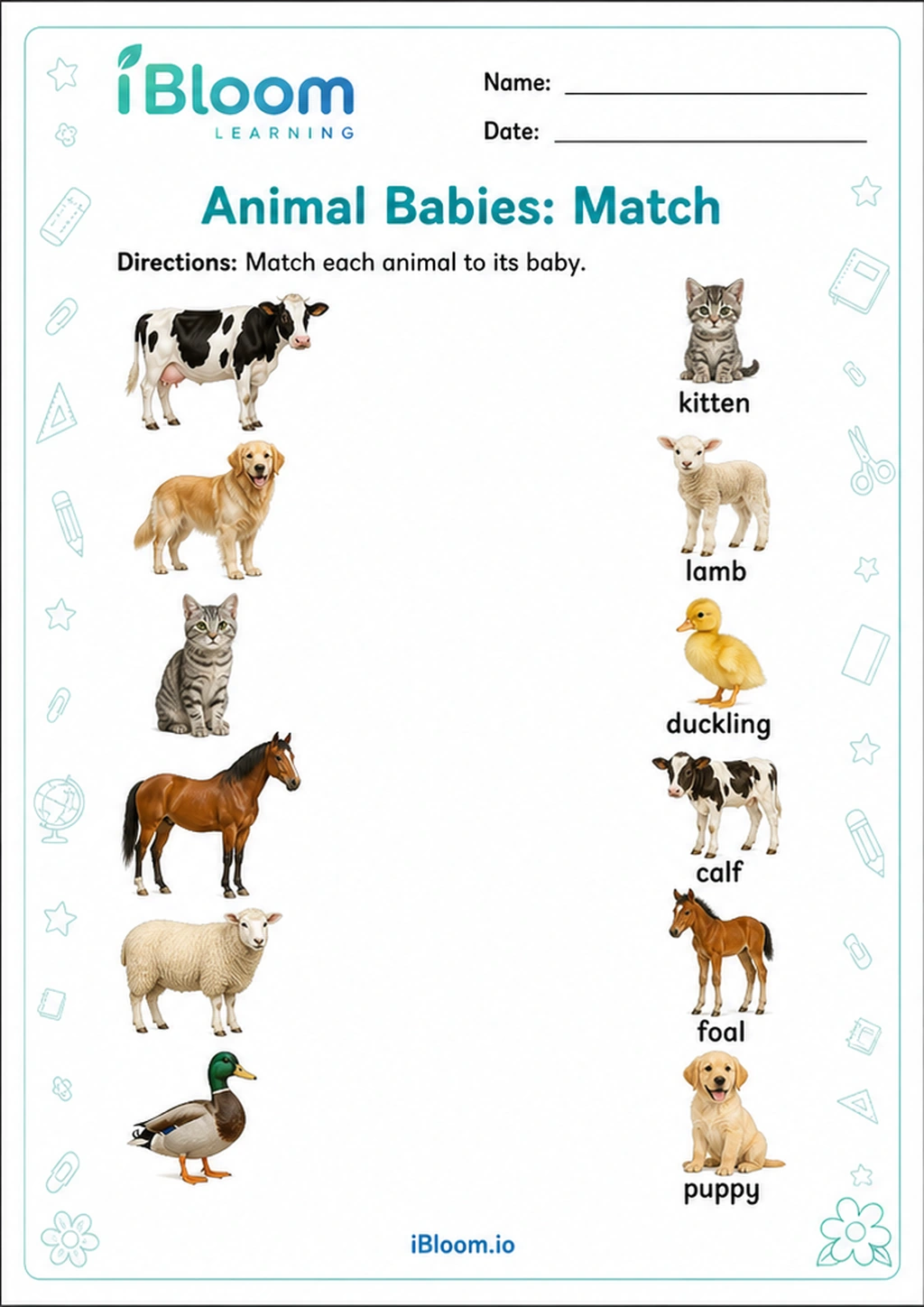 Animal Babies: Match printable LKG worksheet