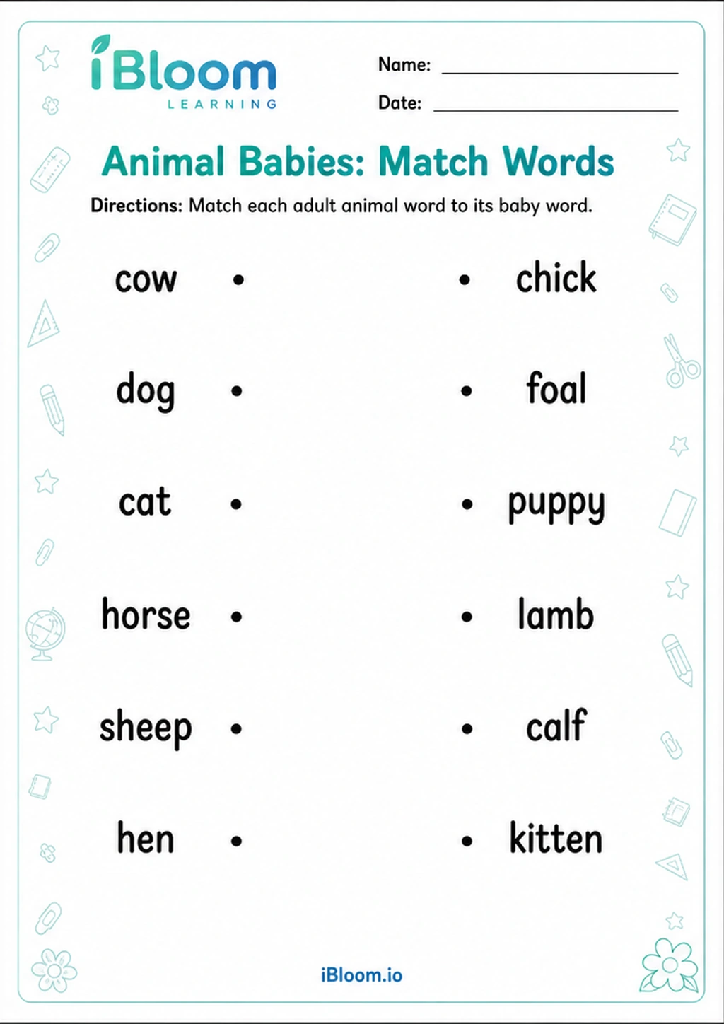 Preview page 1 of Animal Babies: Match Words