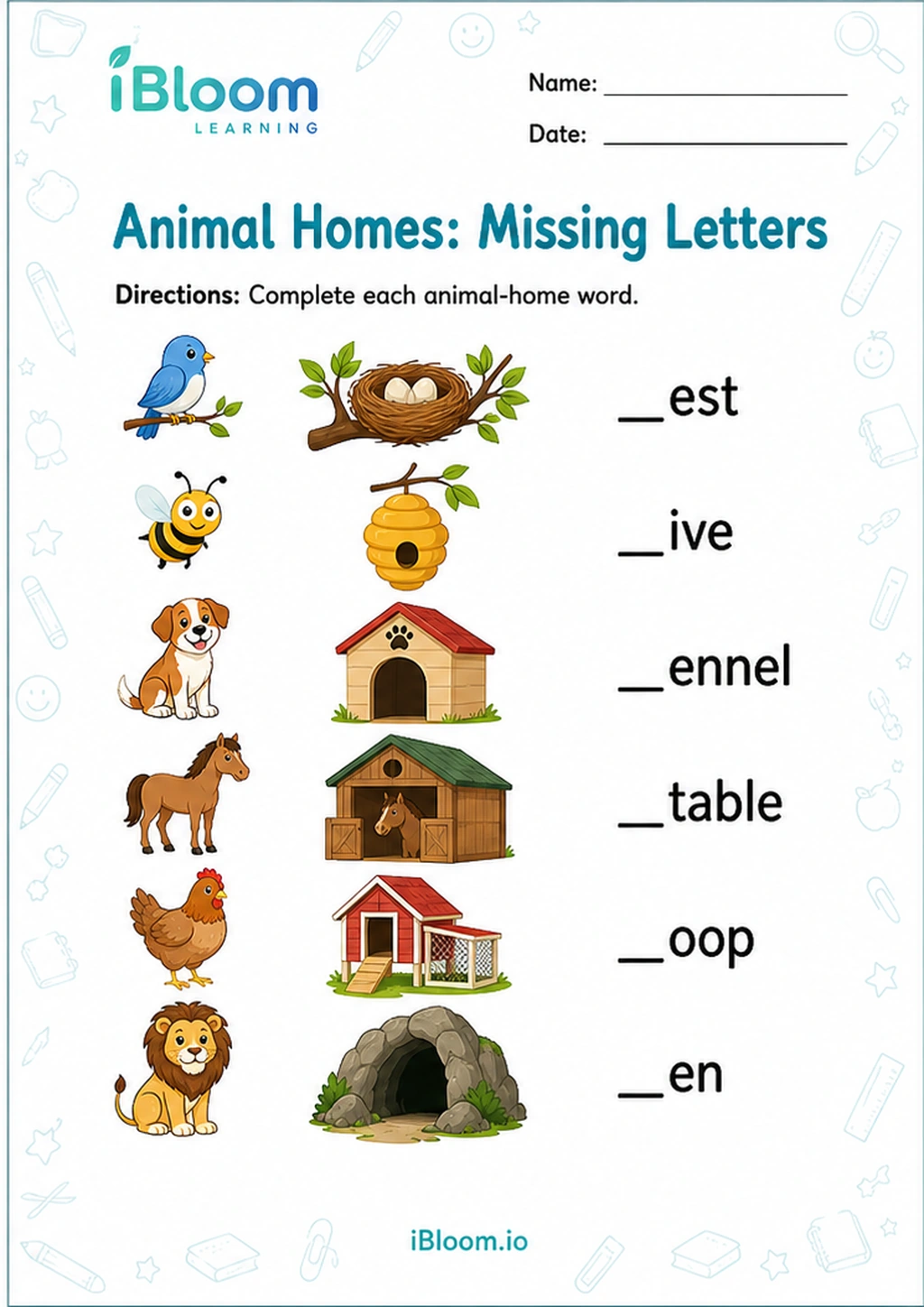 Animal Homes: Missing Letters printable LKG worksheet