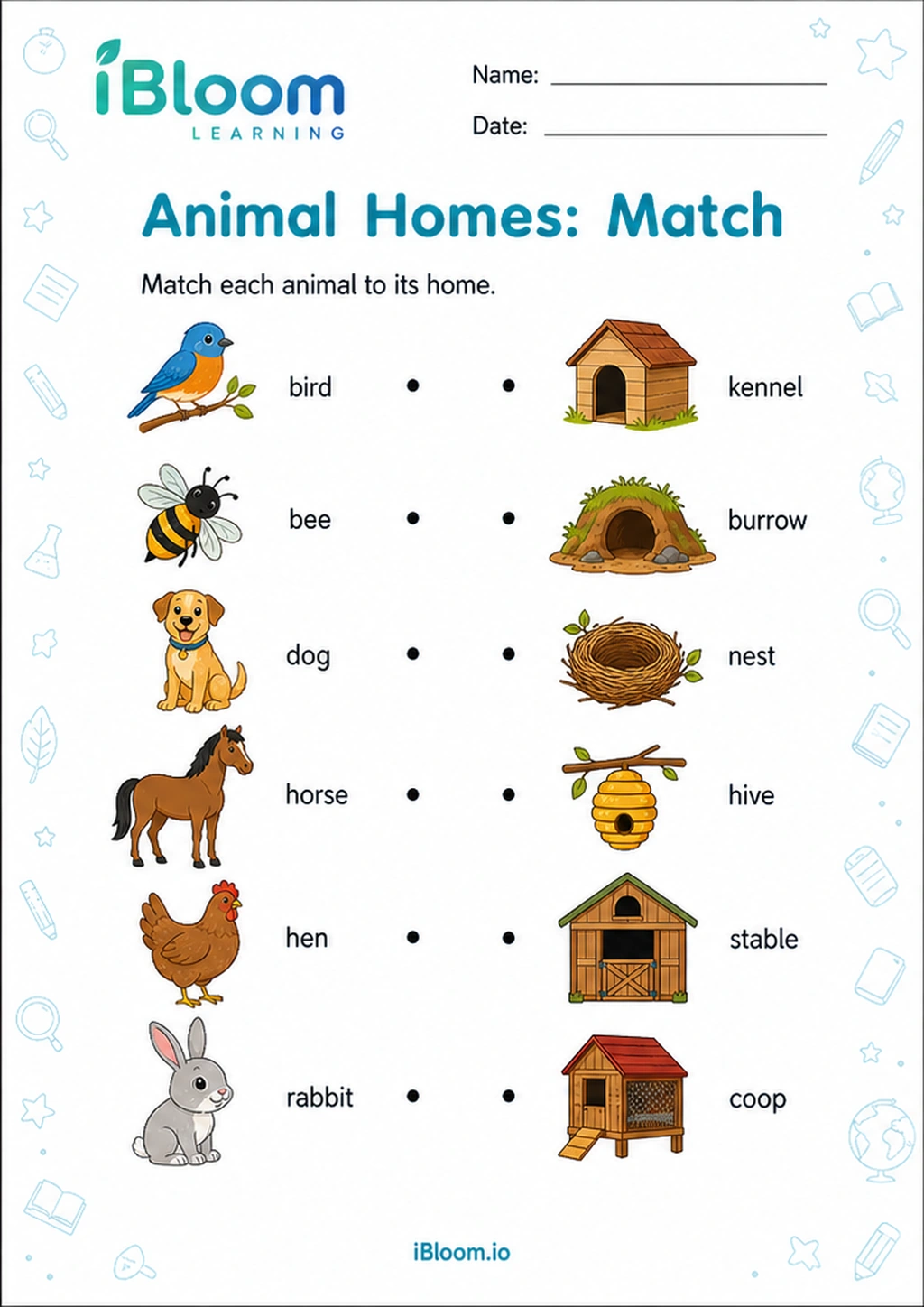 Preview of Animal Homes: Match worksheet