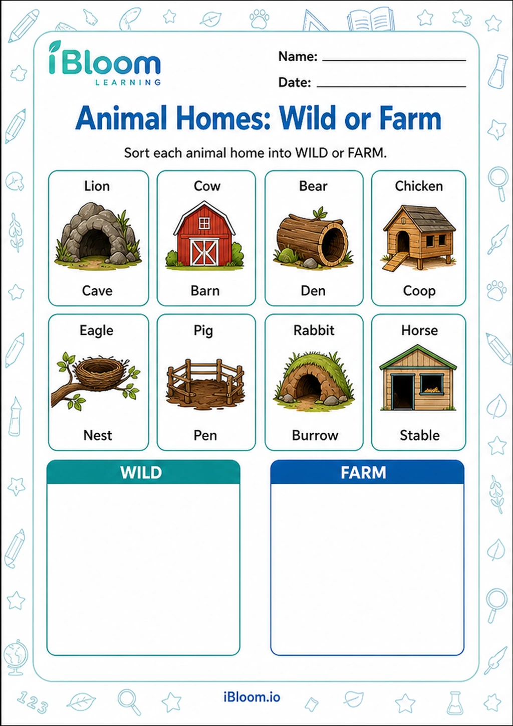 Preview page 1 of Animal Homes: Wild or Farm