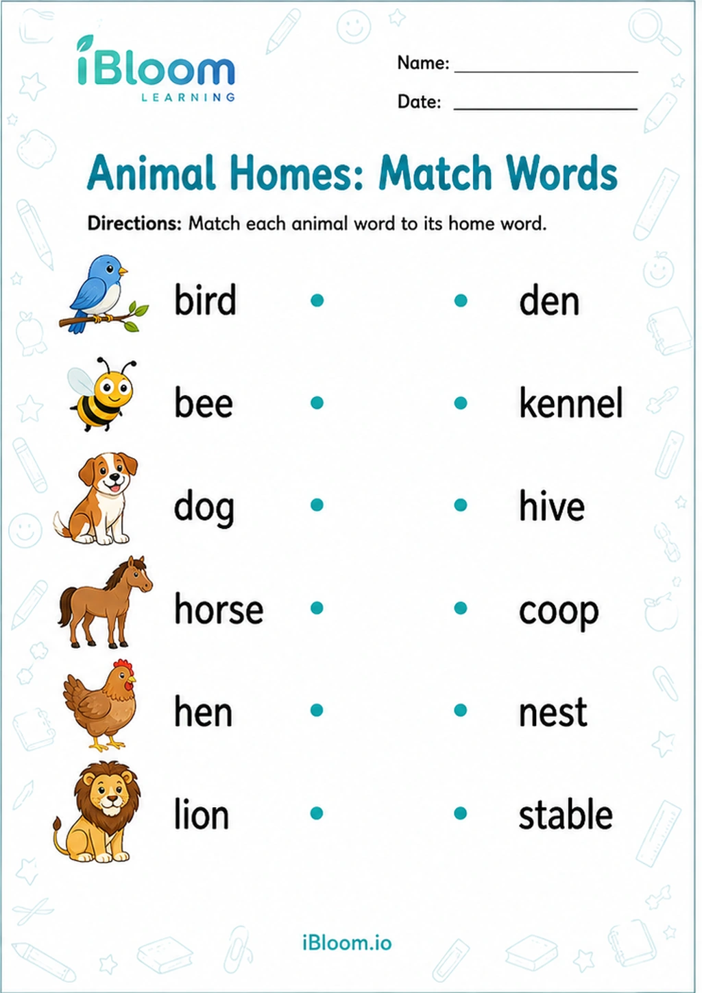 Preview page 1 of Animal Homes: Match Words