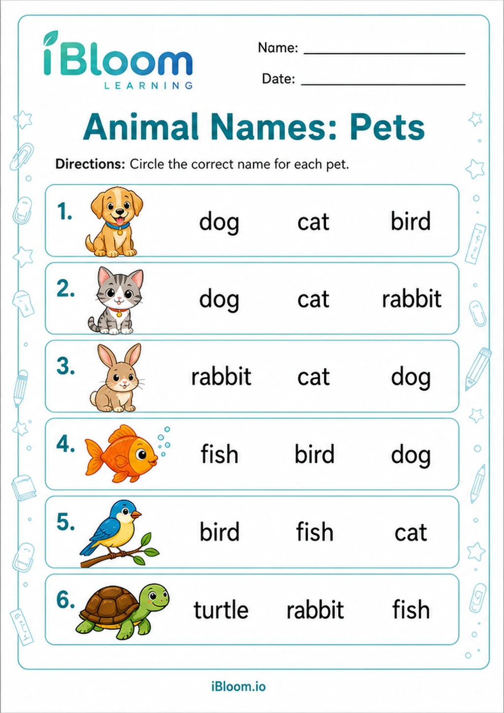 Preview page 1 of Animal Names: Pets