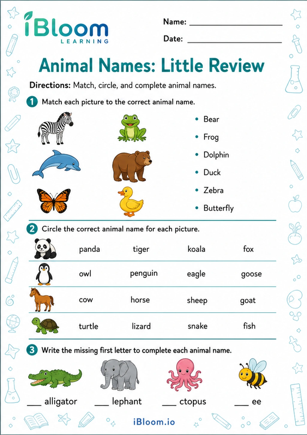 Preview page 1 of Animal Names: Little Review
