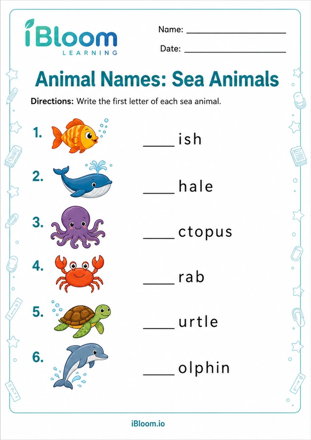 Preview of Animal Names: Sea Animals worksheet