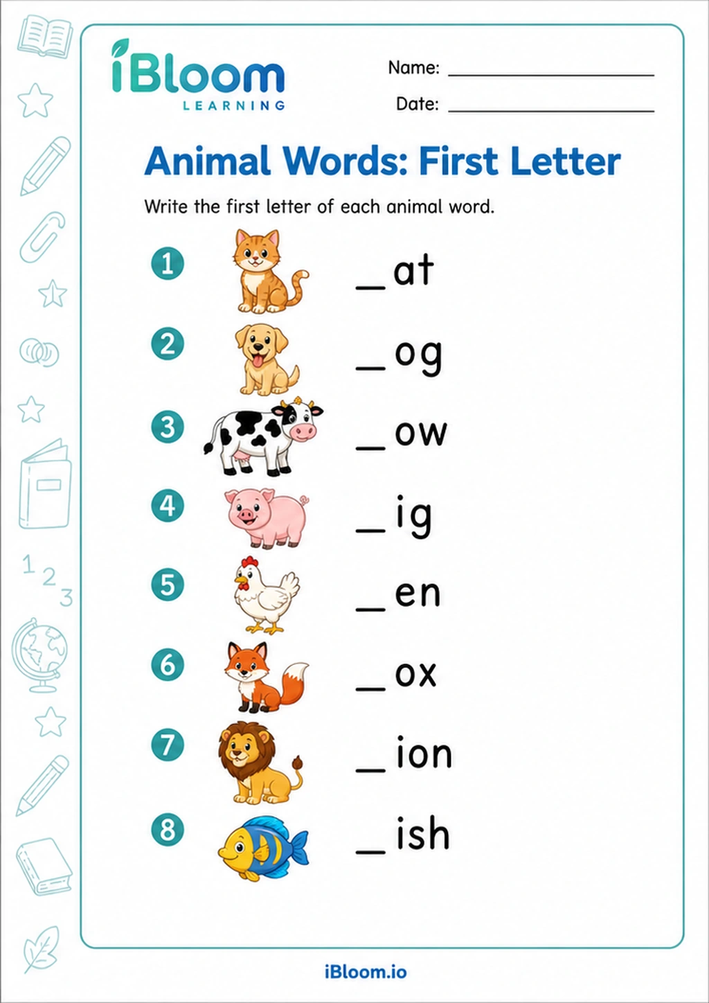 Preview of Animal Words: First Letter worksheet