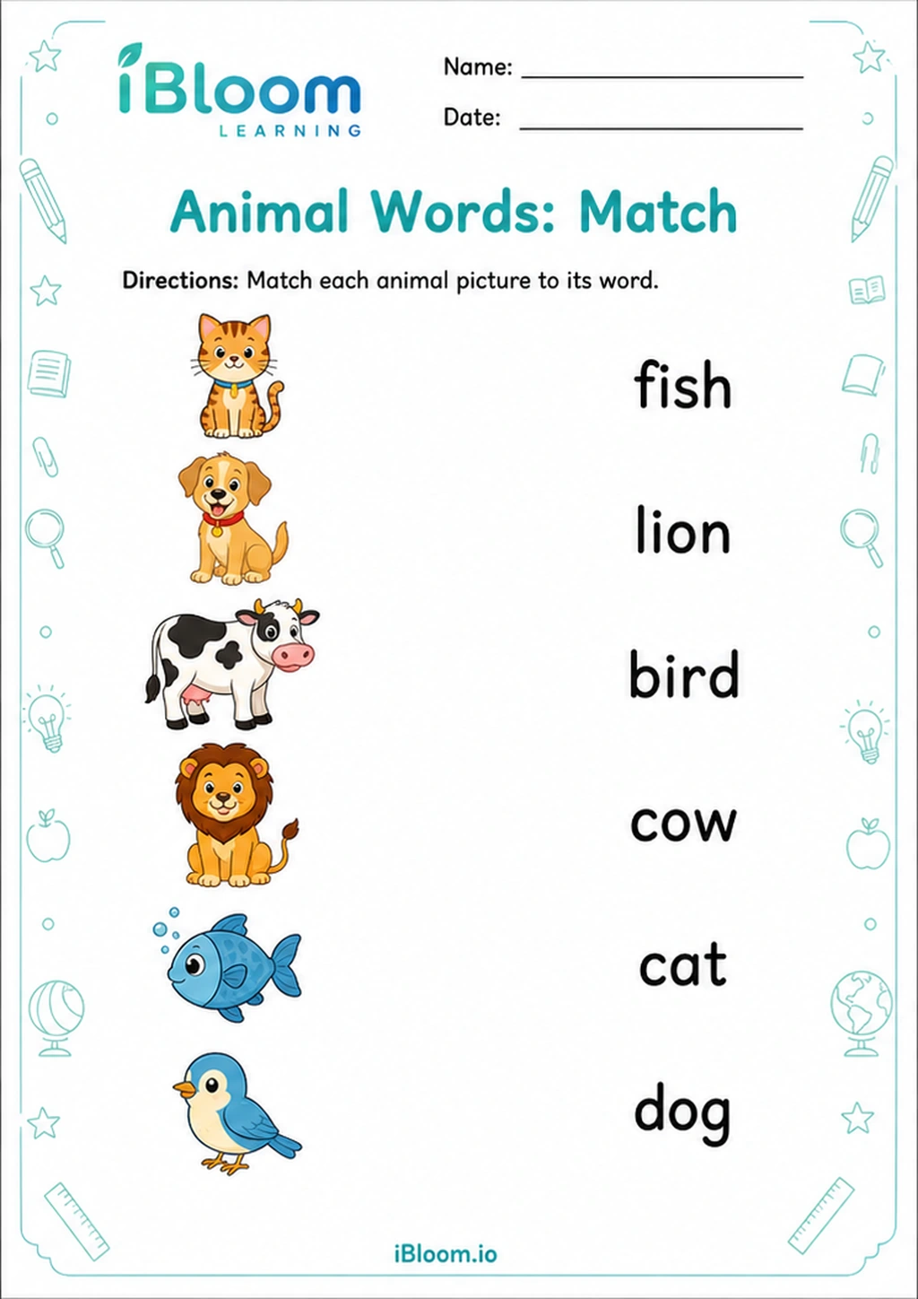 Preview of Animal Words: Match worksheet