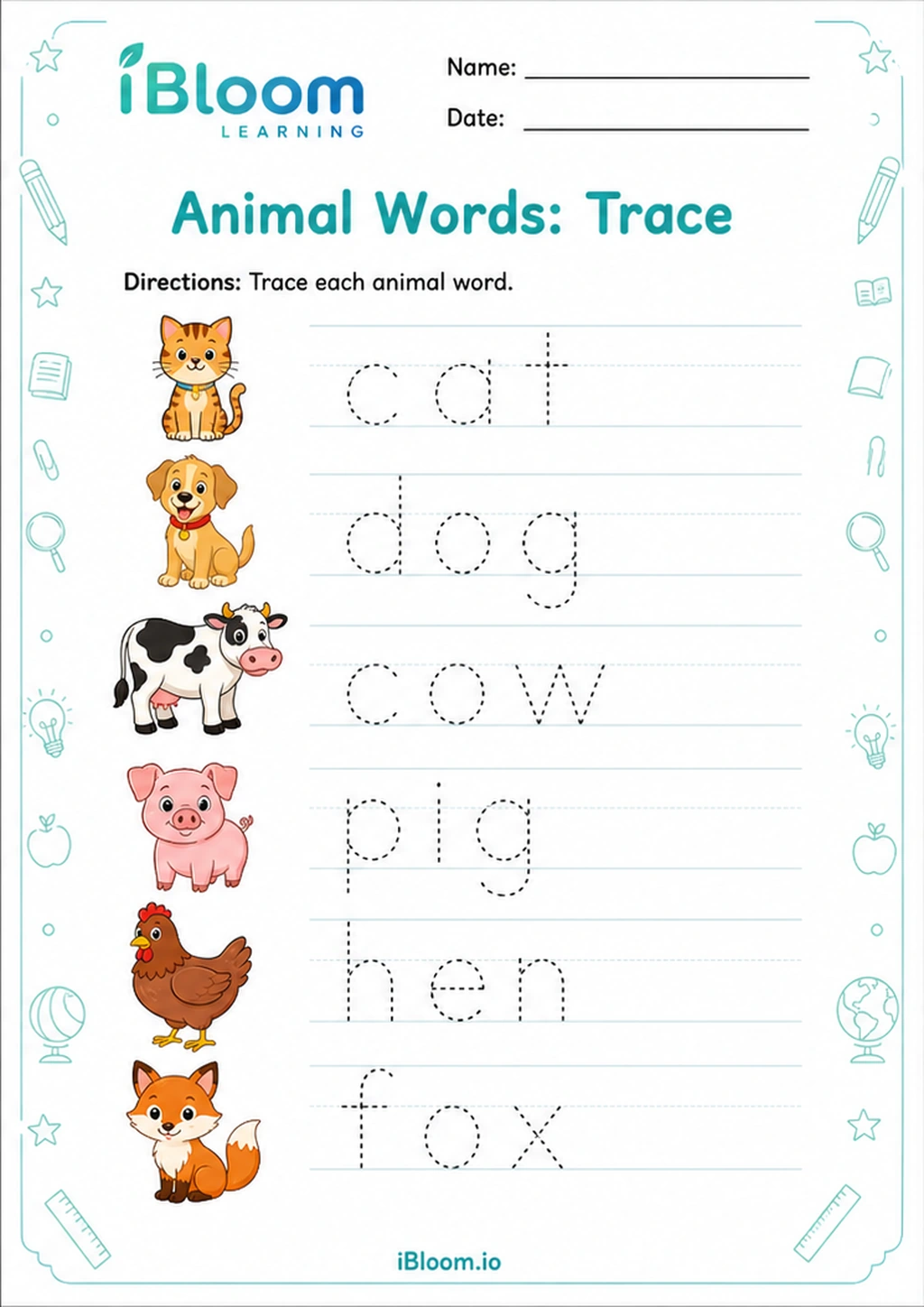 Preview page 1 of Animal Words: Trace