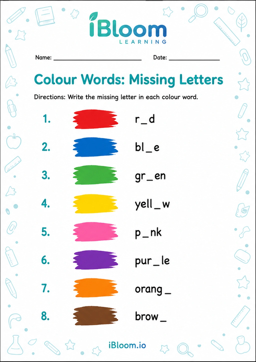 Preview page 1 of Colour Words: Missing Letters