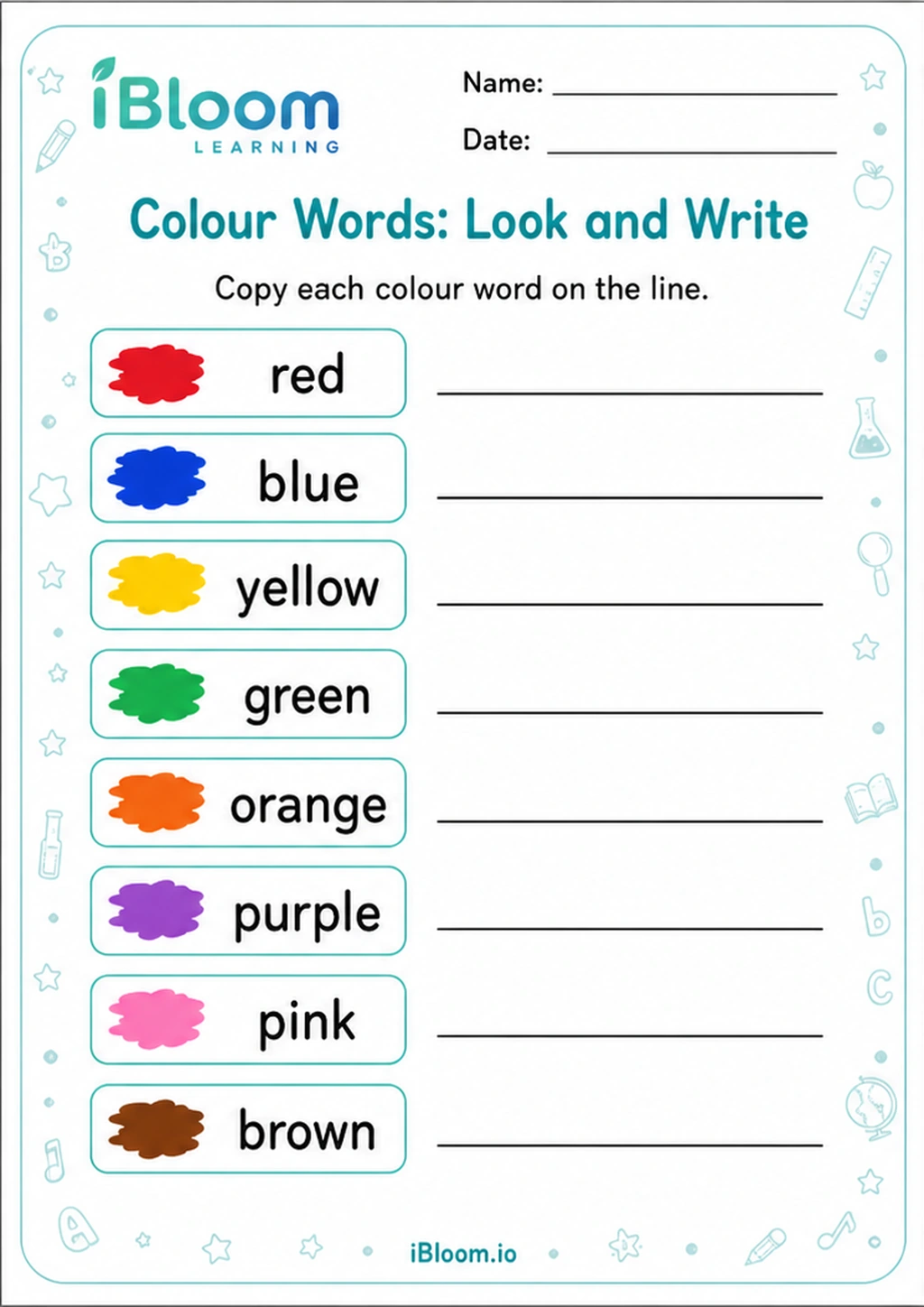 Colour Words: Look and Write printable LKG worksheet