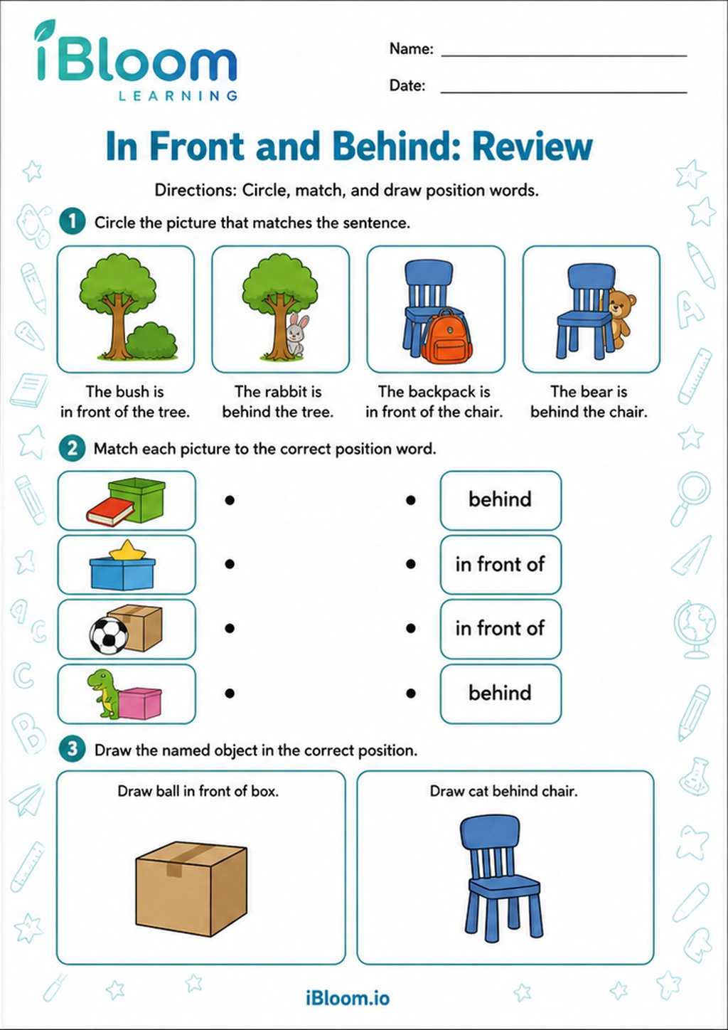 Preview of In Front and Behind: Review worksheet