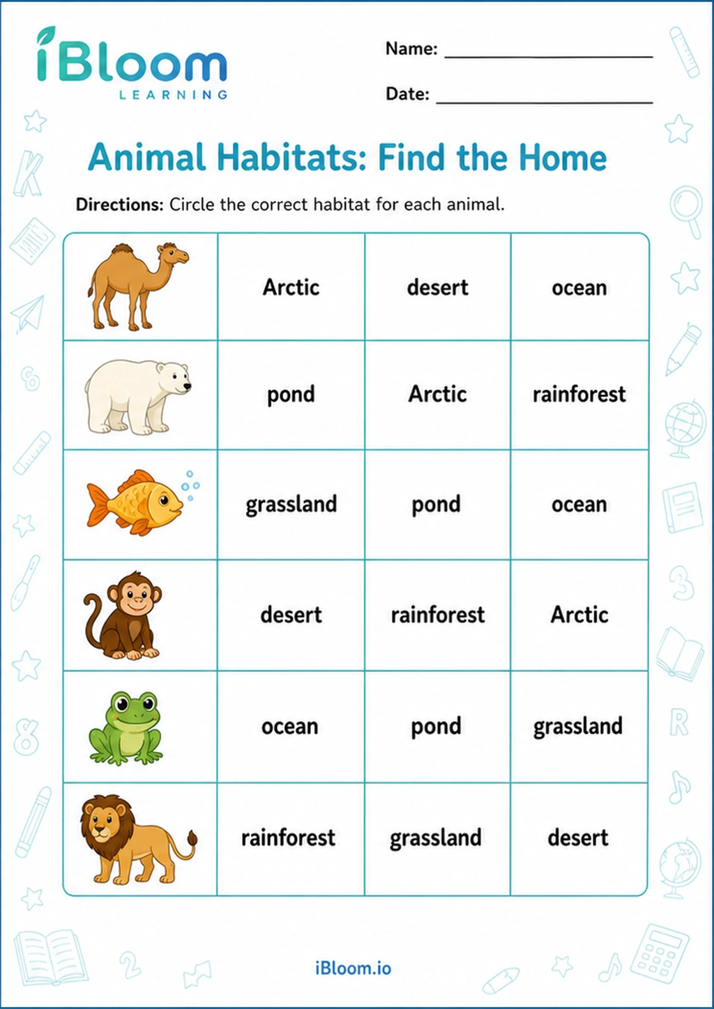 Animal Habitats: Find the Home printable UKG worksheet