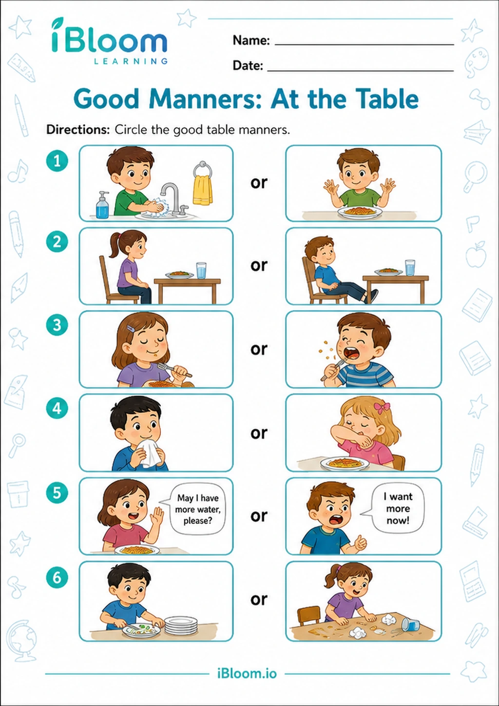 Good Manners: At the Table printable LKG worksheet