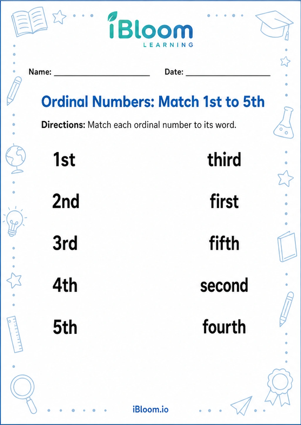 Preview of Ordinal Numbers: Match 1st to 5th worksheet