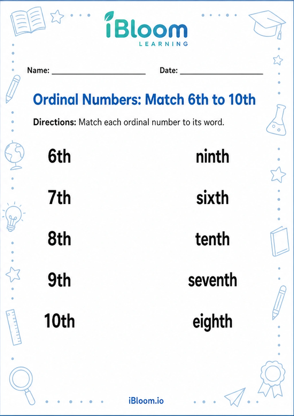 Preview of Ordinal Numbers: Match 6th to 10th worksheet