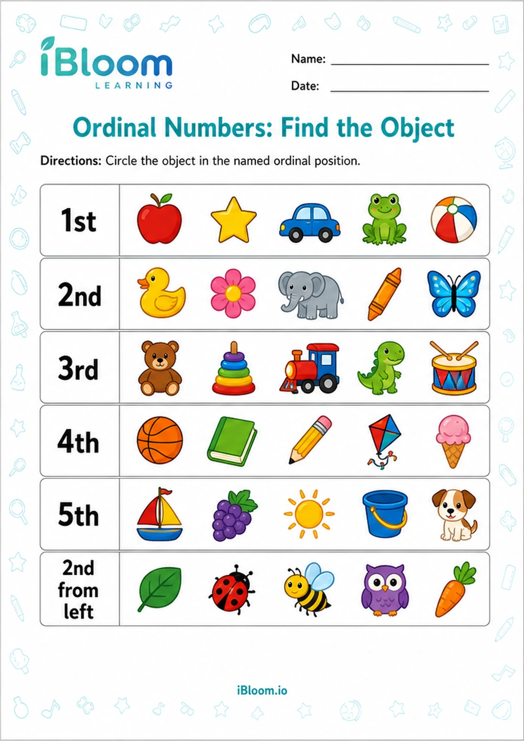 Ordinal Numbers: Find the Object printable UKG worksheet