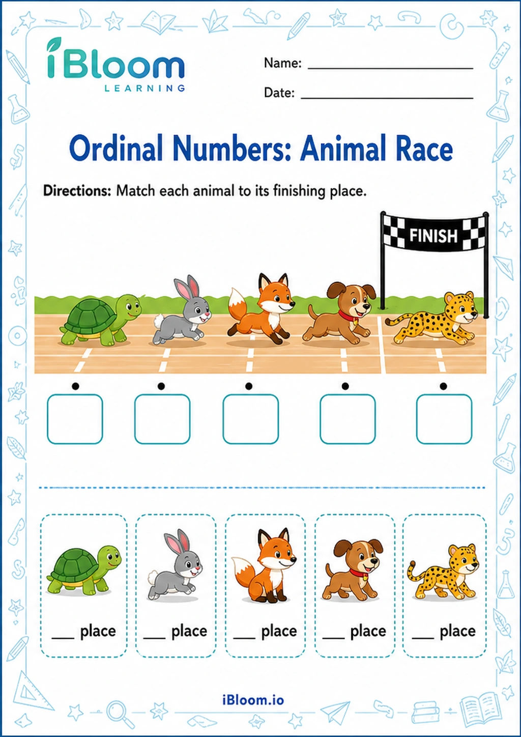 Preview of Ordinal Numbers: Animal Race worksheet